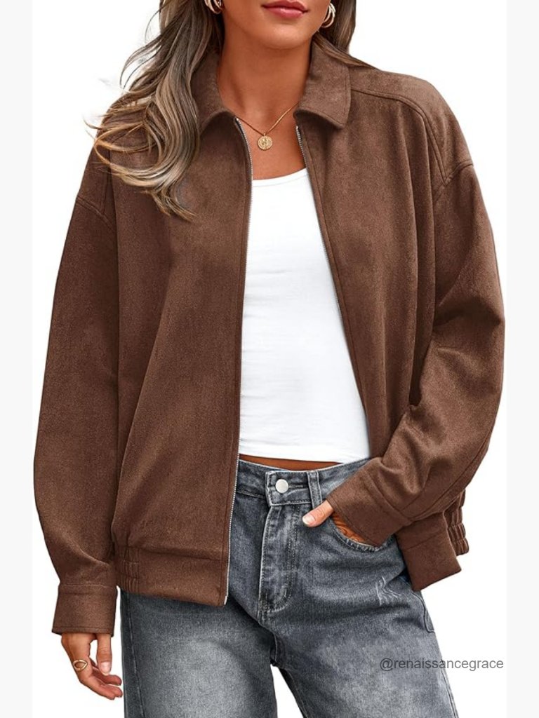 Oversized Faux Suede Bomber Jacket Women's Casual Zip Up Winter Outerwear